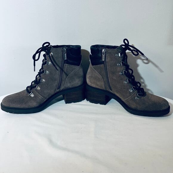 Lucky Brand Boots Dareek Taupe Suede Leather Lace Up Chunky Heel Combat 7.5M - Picture 2 of 7